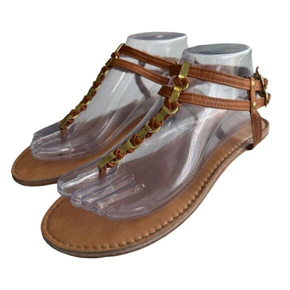 Wet Seal Brown T-Strap Gold Chain Sandals Size 9 - Picture 1 of 7